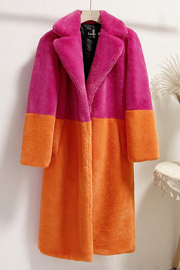 Abrigo largo de piel sintética esponjosa fucsia y naranja